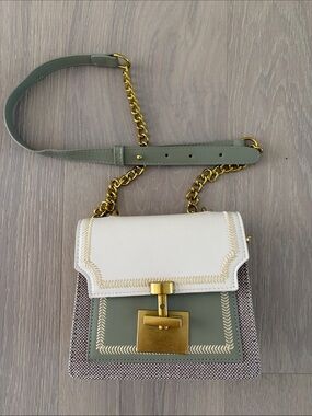 White and Sage Green Chain-Strap Crossbody with Gold Hardware